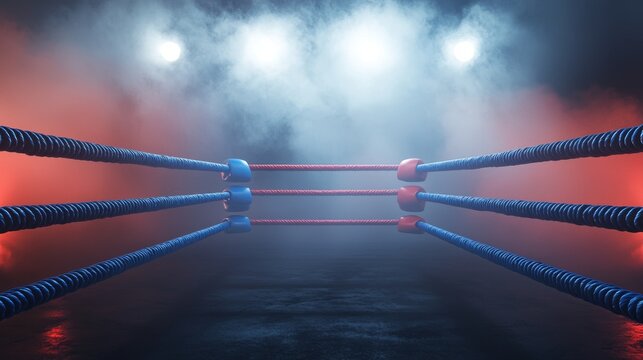 boxing ring is prepared for intense match featuring red and blue ropes and bathed in atmospheric lighting with smoke effects creating a suspenseful atmosphere.