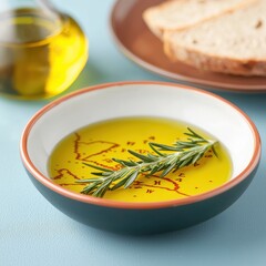 Olive oil dip with herbs, served in a bowl beside bread, white isolate background.