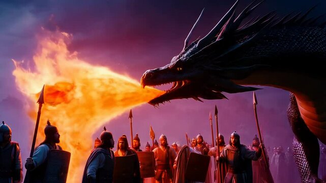Colossal dragon breathes fire at brave warriors with shields and spears under a dramatic sky, creating an intense battle scene in a medieval fantasy world. Perfect for games, movies, and posters