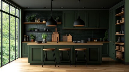 Kitchen with forest-green cabinets, oak countertops, and modern black pendant lights over the island.
