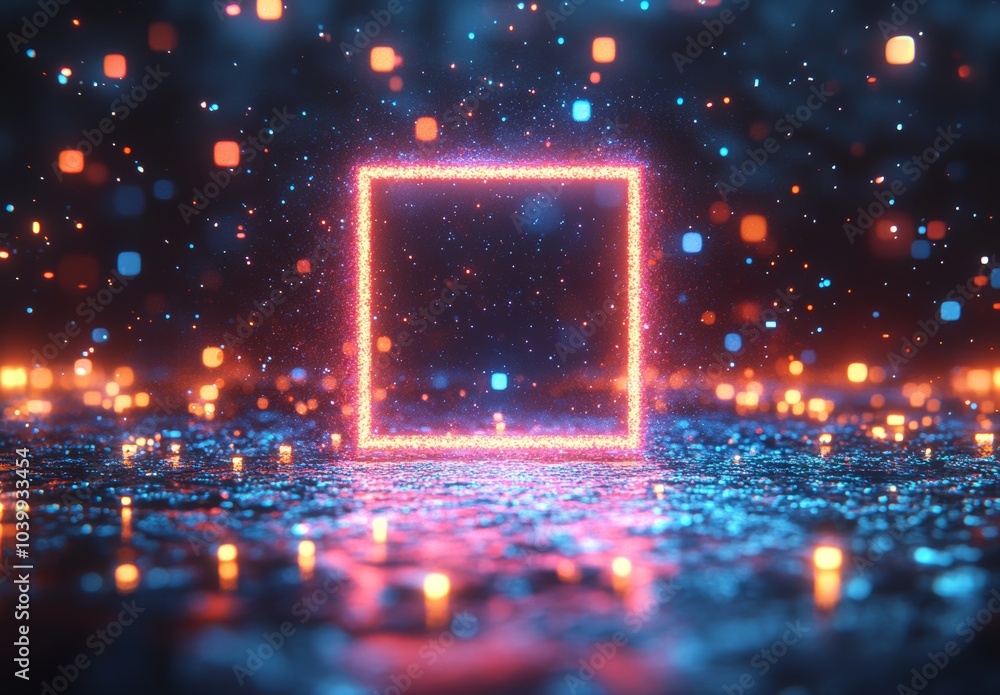 Poster the 3-d abstract neon background is surrounded by a glowing rectangular frame in cyberspace, a fanta