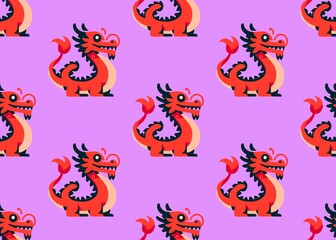 Seamless pattern with funny monsters. Chinese new year. Seamless pattern with dragons on a purple background. Traditional Chinese character. Asian mythological dragons.