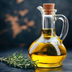 Glass oil bottle with rosemary on a dark background, culinary ingredients.
