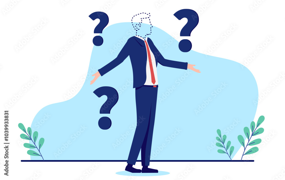 Poster unknown faceless person with lack or no personality standing with question marks, feeling empty and 