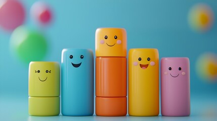 Cute 3D Graph Icon with Rounded Bars and Happy Expressions,Playful Business Data Visualization