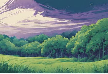 Fototapeta premium 風になびく草原と、背面に見える青や紫、緑の豊かな森のイラスト