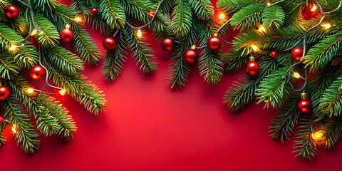 Top view - Christmas tree branches border garland on isolated red background