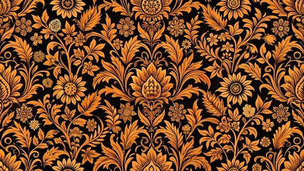 Close-up shot of vintage floral pattern in black and orange colors