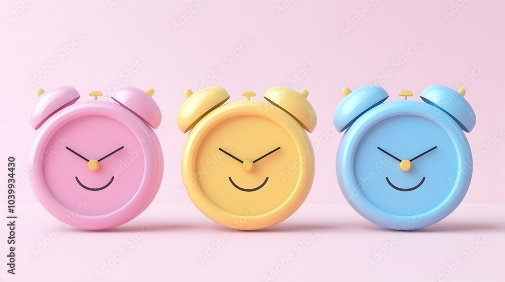 Poster soft-colored 3d smiling clock icon representing time management