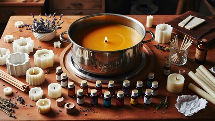 Fototapeta premium A candle-making setup with melted wax in a pot, various molds, wicks, and essential oils, ready to be crafted into candles.