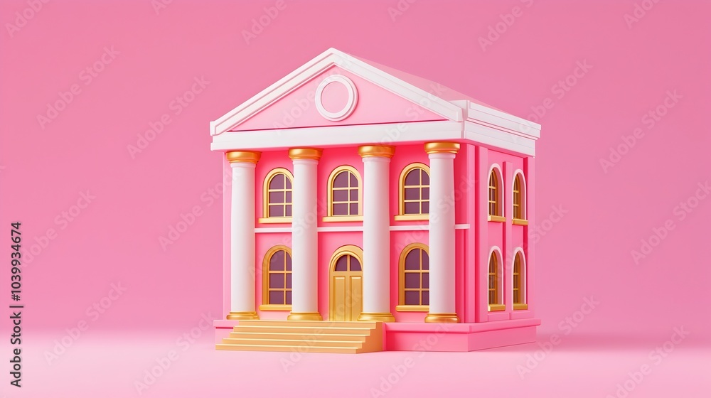 Poster adorable 3d smiling bank building icon with soft curves and playful facade design