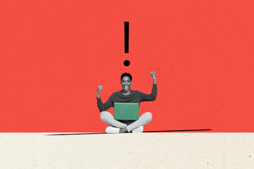 Composite photo collage of happy american girl hold laptop game winner exclamation mark warning...