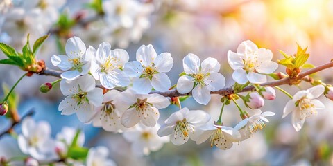 Obraz premium Closeup shot of white cherry blossoms with leaves on branch in spring
