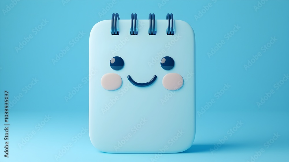 Poster cute 3d notepad icon with smiling face symbolizing business planning and productivity