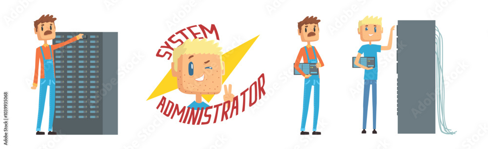 Poster funny male sysadmin character work with server vector set