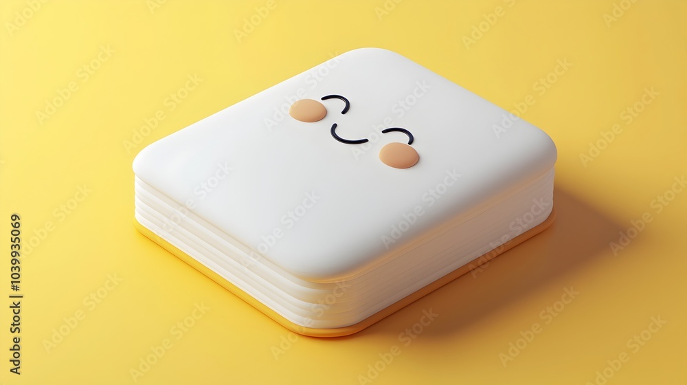 Poster cute 3d notepad icon with rounded pages and smiling face symbolizing business planning and playful