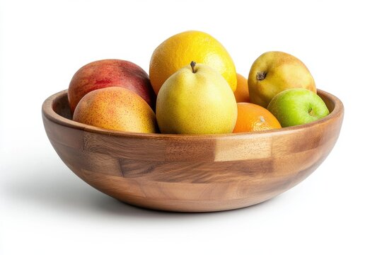 Fresh assorted fruits in a wooden bowl on a white isolated background.