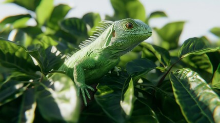 A green iguana camouflaged in lush foliage, peering out with curious eyes.