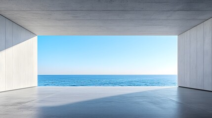 Abstract 3D render, empty concrete space, geometric gray wall, ocean horizon, modern architecture, clean lines, blue sky, surrealistic tones