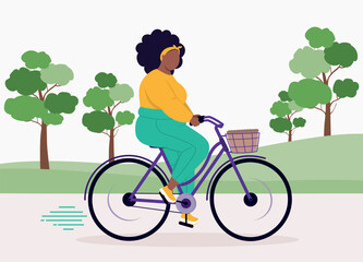 Side View Of One Plus Size Black Woman Cycling With A Bicycle At The Park.