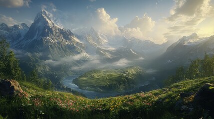 Scenic mountain landscape with a river and vibrant flowers.