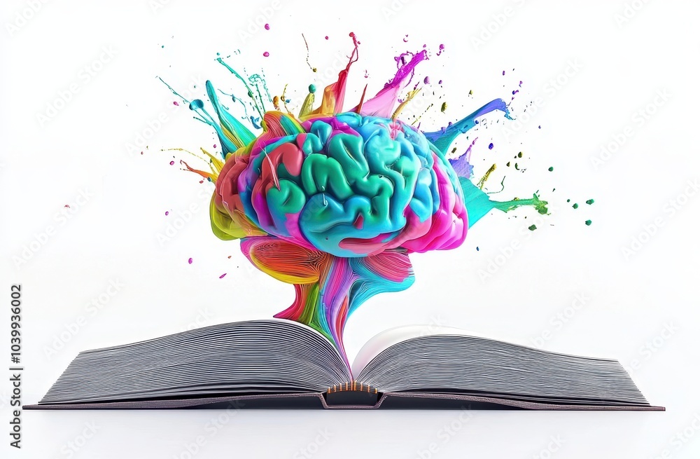 Poster a 3d colorful brain emerging from an open book, against a white background with white space surround