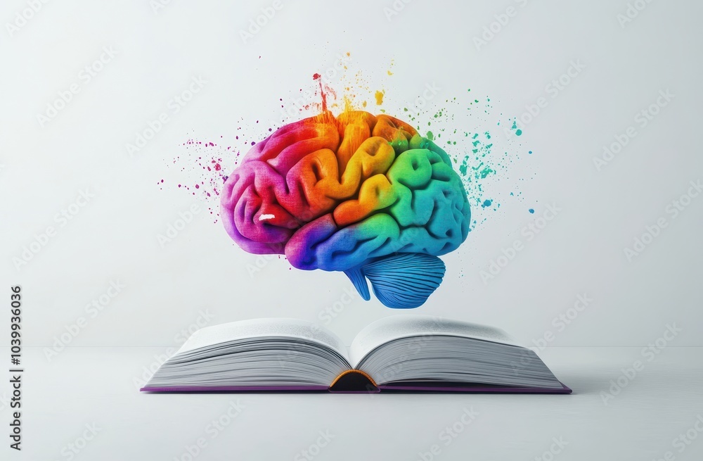 Poster 3d colorful brain emerging from an open book, against a white background with white space surroundin