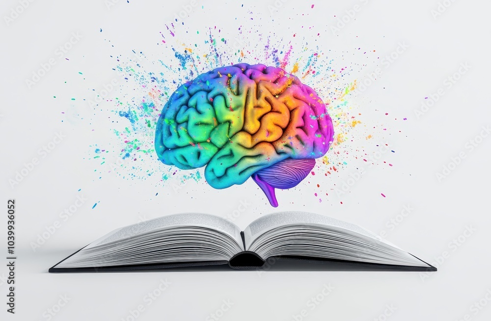Poster a 3d colorful brain emerging from an open book, against a white background with white space surround