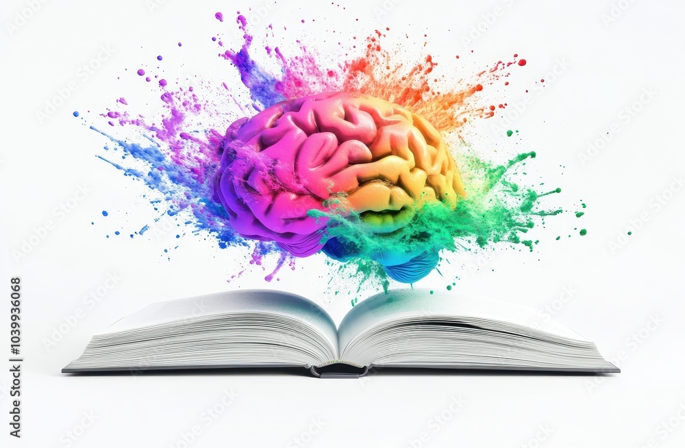 Poster 3d colorful brain emerging from an open book, against a white background with white space surroundin