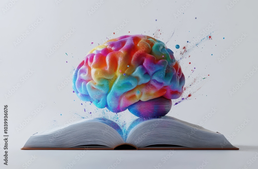 Poster a 3d colorful brain emerging from an open book, against a white background with white space surround