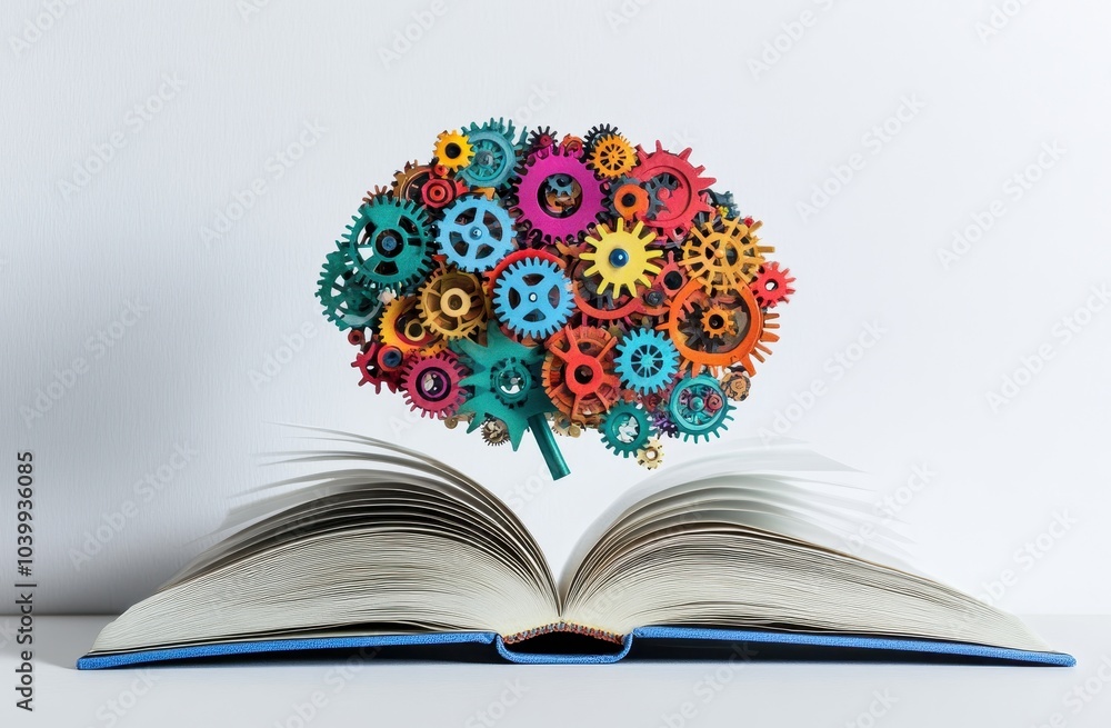 Poster a colorful brain made of gears and cogs, popping out from an open book on a white background, symbol