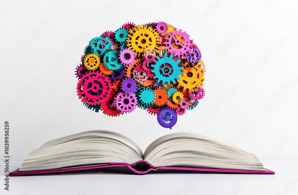 Poster a colorful brain made of gears and cogs, popping out from an open book on a white background, symbol