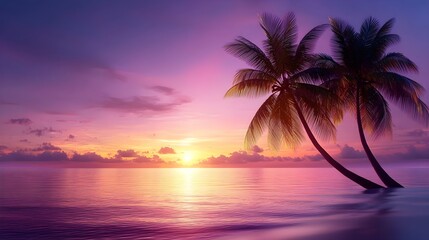 Obraz premium Palm trees at dusk, silhouetted by the last light of a tropical sunset, soft purple and gold tones, tranquil vibe, oil painting