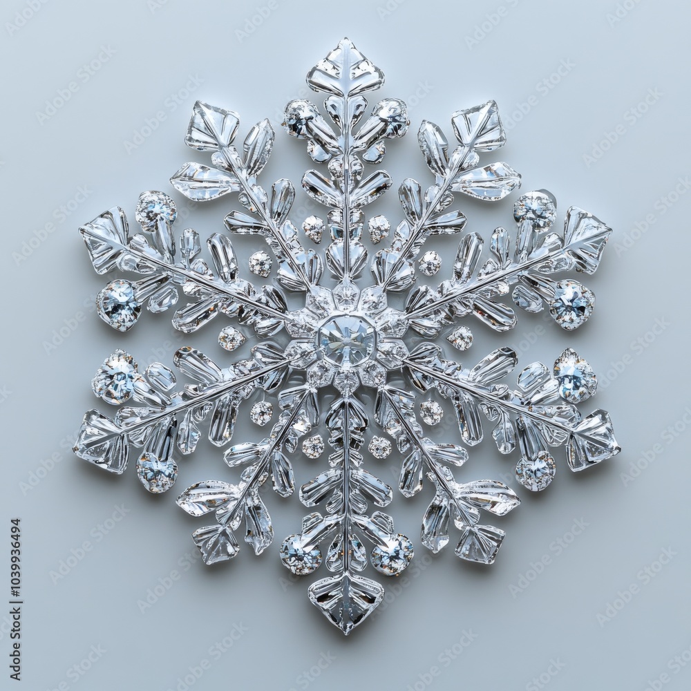 Poster macro picture of a real snow crystal: a stellar dendrite with glossy surface, fine hexagonal symmetr