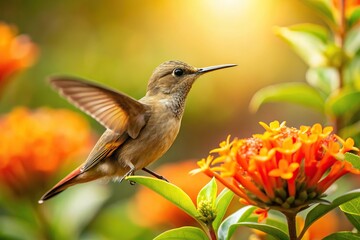 Fototapeta premium Close-Up Small brown Little Hermit hummingbird feeding on orange Ixora hedge in sunlight, light background