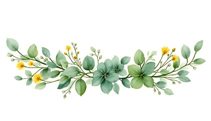 Watercolor hand painted green floral banner with silver dollar eucalyptus isolated on white background. wedding invitation, posters, save the date, or greeting design. Watercolour green  banner