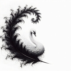 A minimalist fantasy with black ink and a swan feather on a white background on the theme of fractals