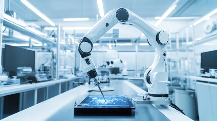 A high-tech robotic arm performing automated painting of intricate designs on luxury electronics in a clean, advanced electronics lab