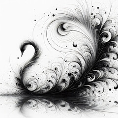 A minimalist fantasy with black ink and a swan feather on a white background on the theme of fractals