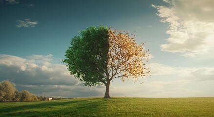 View of a green hill with a tree. Nature with meadows. Lots of greenery, protecting the environment. Reduction of carbon dioxide emissions. Reduction of CO2 emissions. Caring for nature. Earth Day.