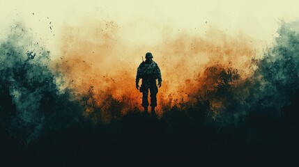Fototapeta premium A silhouetted soldier stands amidst a swirling smoke and fire background, representing the intensity and chaos of war.