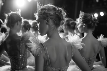 Ballerinas in rehearsal outfits preparing for a performance. Backstage, black and white photo, concert advertising poster