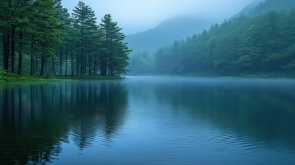 gentle rain creating ripples on a tranquil lake reflecting a serene landscape enhancing the peaceful ambiance with soft light and muted colors evoking a sense of calm and connection to nature