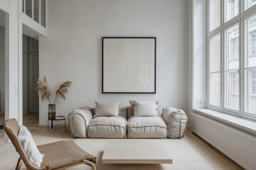 Minimalistic scandinavian interior design with cozy sofa and natural light