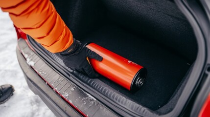 A driver prepares for the winter season by placing a can of antifreeze in the trunk, ensuring their vehicle is ready for cold weather challenges and potential freezing temperatures
