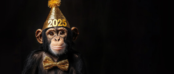 Obraz premium Happy new Year, Sylvester New Year's eve party, funny animals banner greeting card - Cute monkey chimpanzee with party hat isolated on black background