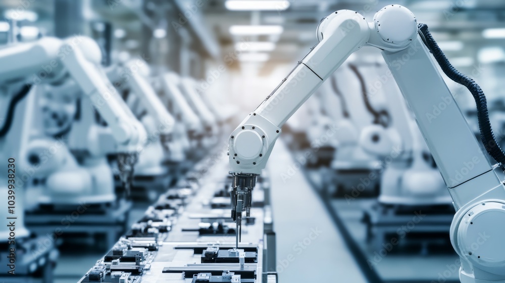 Poster A high-tech robotic assembly line in a clean electronics factory, featuring robots assembling complex components, clean and organized environment with a focus on high-speed automation