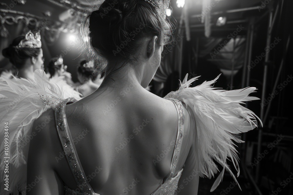 Wall mural ballerinas in rehearsal outfits preparing for a performance. backstage, black and white photo, conce