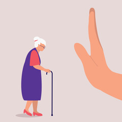 Concept Of Ageism And Age Discrimination Of An Older Woman. A Person&rsquo;s Hand In Stop Gesture Unwelcome An Elderly Woman.