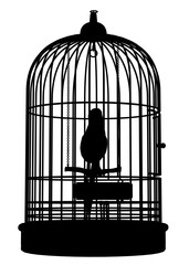 Silhouette parrot in a cage isolated on a white background. Front view. Vector illustration. A black silhouette of a bird in a decorative birdcage